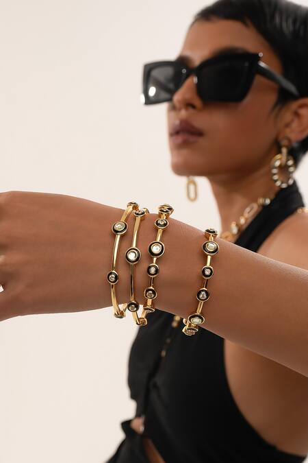 Shop_Isharya_Multi Color Mirror, Cubic Zirconia Crystal Savage Embellished Cuff - Single Pc_Online_at_Aza_Fashions