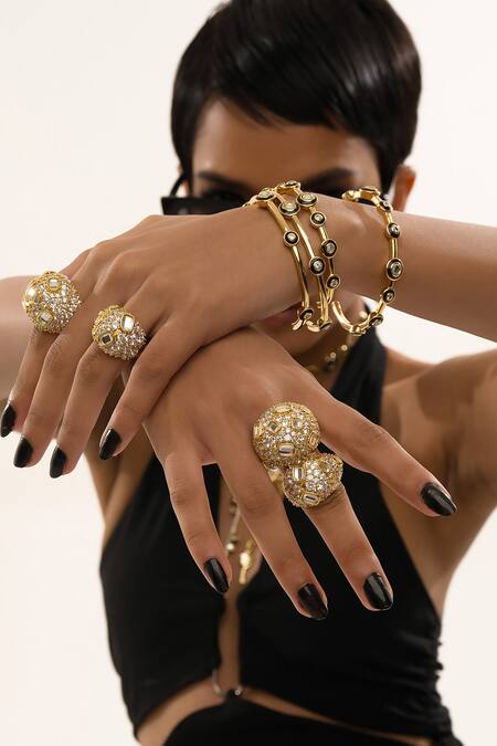 Shop_Isharya_Multi Color Mirror, Cubic Zirconia Crystal Savage Embellished Cuff - Single Pc_Online_at_Aza_Fashions