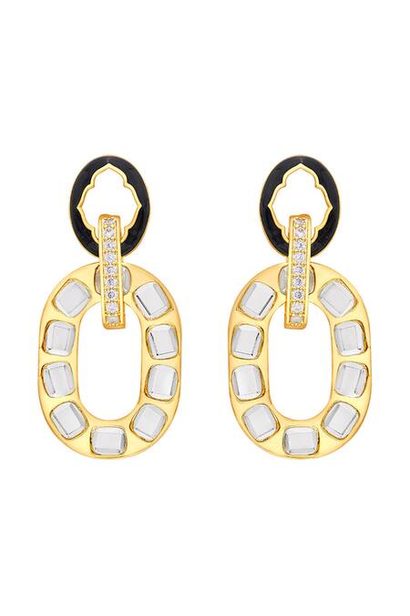 Shop Isharya Multi Color Mirror, Cubic Zirconia Sliving Embellished Drop Earrings at Aza Fashions Shop_Isharya_Multi Color Mirror, Cubic Zirconia Sliving Embellished Drop Earrings_at_Aza_Fashions