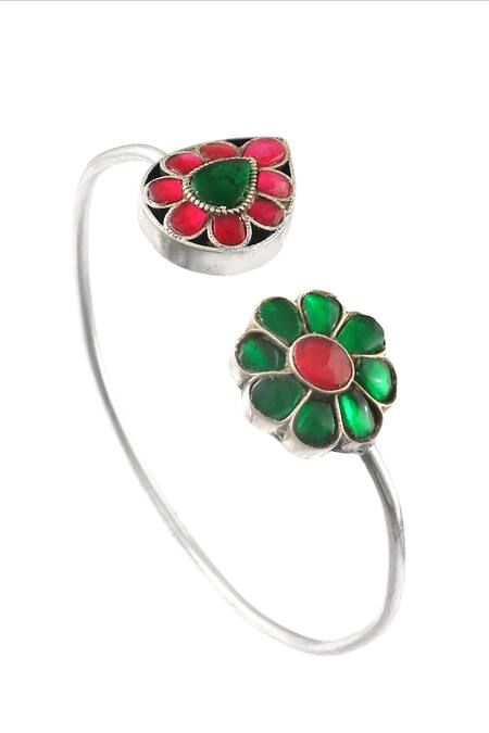 Noor_Silver Plated Diamonds, Stones Floral And Teardrop Kundan Bangle_Online_at_Aza_Fashions