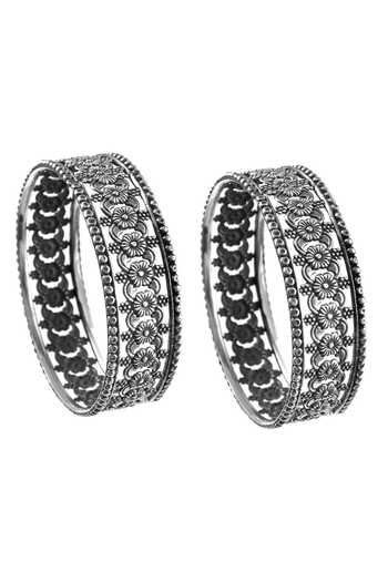 Noor_Silver Plated Oxidized Floral Kada Bangle - Set 2_Online_at_Aza_Fashions