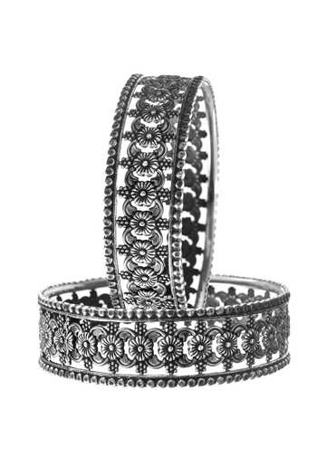 Buy_Noor_Silver Plated Oxidized Floral Kada Bangle - Set 2_Online_at_Aza_Fashions