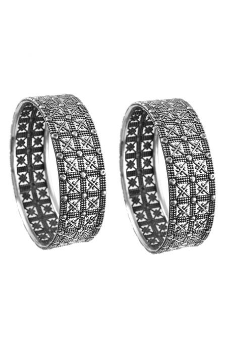 Noor_Silver Plated Oxidized Antique Bangle - Set Of 2_Online_at_Aza_Fashions