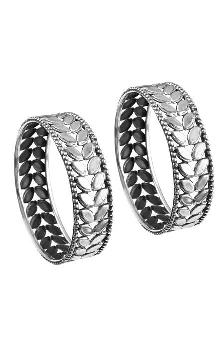 Noor_Silver Plated Leaf Design Oxidized Bangle - Set Of 2_Online_at_Aza_Fashions