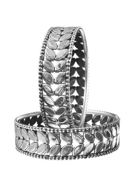 Buy_Noor_Silver Plated Leaf Design Oxidized Bangle - Set Of 2_Online_at_Aza_Fashions