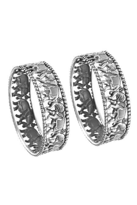 Noor_Silver Plated Elephant Design Oxidized Bangle - Set Of 2_Online_at_Aza_Fashions