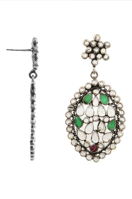 Shop_Noor_Silver Plated Beads Checker Embellished Teardrop Earrings_Online_at_Aza_Fashions