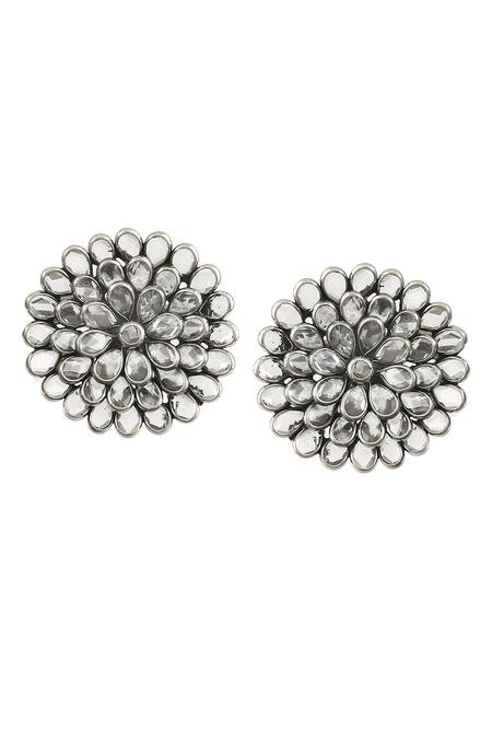 Buy_Noor_Silver Plated Floral Checker Ear Studs_Online_at_Aza_Fashions