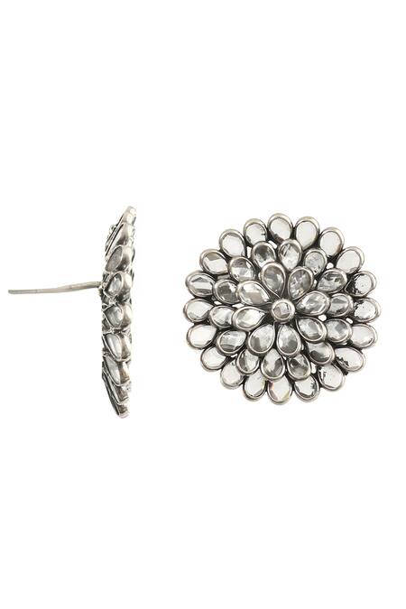 Shop_Noor_Silver Plated Floral Checker Ear Studs_Online_at_Aza_Fashions