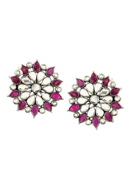 Buy_Noor_Silver Plated Beads, Stones Floral Checker Encrusted Ear Studs_Online_at_Aza_Fashions