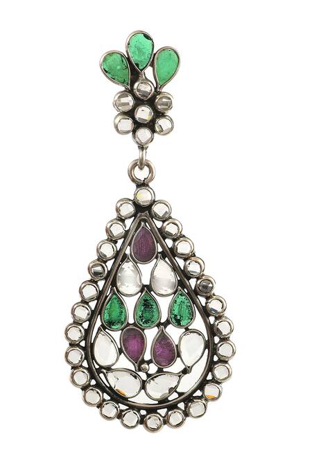 Noor Silver Plated Beads, Stones Checker Studded Teardrop Earrings Online at Aza Fashions Noor_Silver Plated Beads, Stones Checker Studded Teardrop Earrings_Online_at_Aza_Fashions