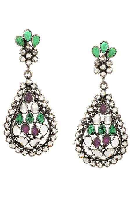 Buy_Noor_Silver Plated Beads, Stones Checker Studded Teardrop Earrings_Online_at_Aza_Fashions