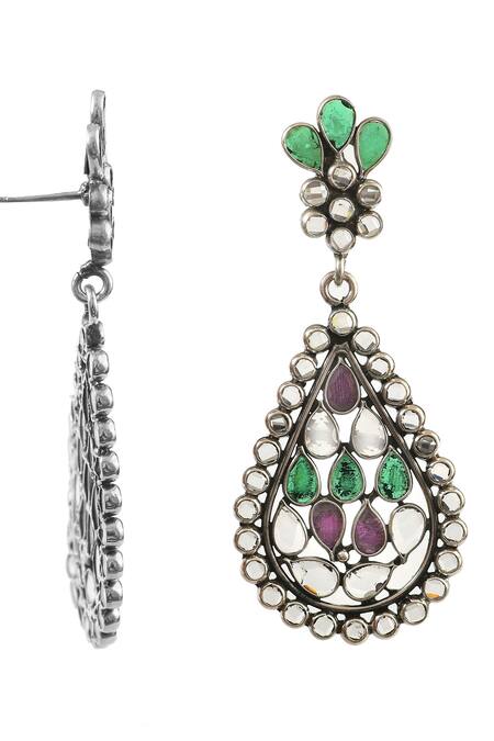 Shop_Noor_Silver Plated Beads, Stones Checker Studded Teardrop Earrings_Online_at_Aza_Fashions