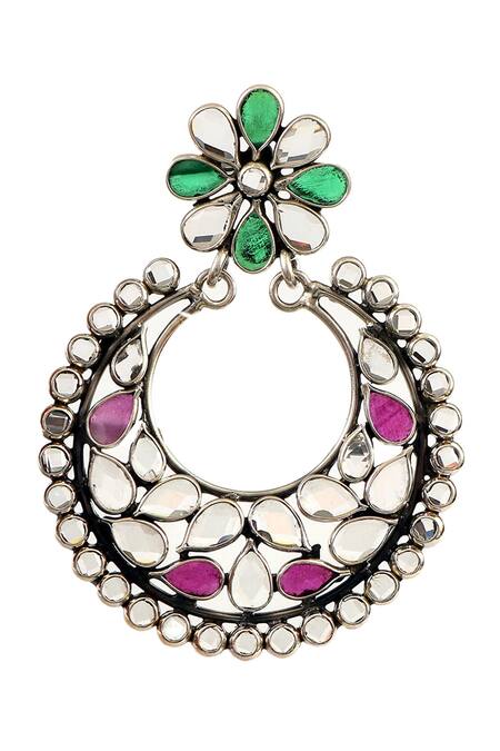 Noor_Silver Plated Beads, Stones Checker Embellished Chandbalis_Online_at_Aza_Fashions