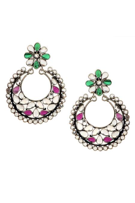 Buy_Noor_Silver Plated Beads, Stones Checker Embellished Chandbalis_Online_at_Aza_Fashions