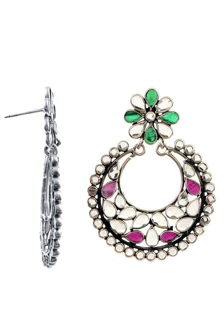 Shop_Noor_Silver Plated Beads, Stones Checker Embellished Chandbalis_Online_at_Aza_Fashions