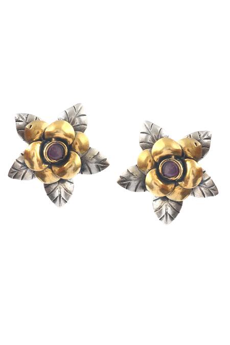 Shop_Noor_Silver Plated Stone Floral Carved Stud Earrings _at_Aza_Fashions