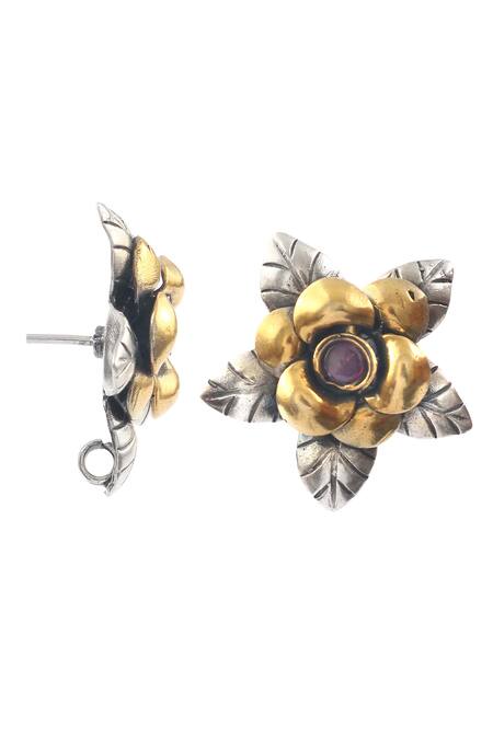Buy_Noor_Silver Plated Stone Floral Carved Stud Earrings _Online_at_Aza_Fashions