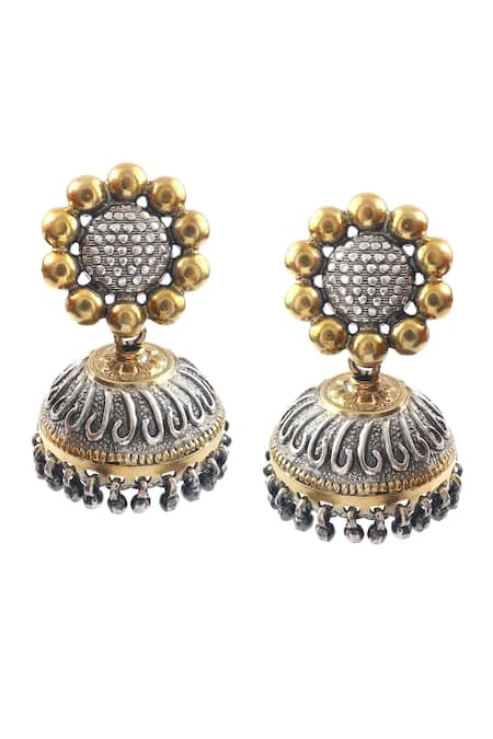 Shop_Noor_Silver Plated Ghungroo Bead Geometric Carved Jhumki Earrings _at_Aza_Fashions