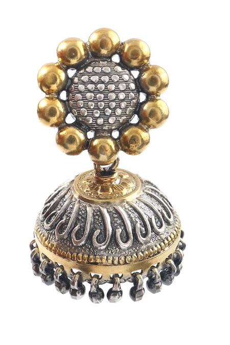 Noor_Silver Plated Ghungroo Bead Geometric Carved Jhumki Earrings _Online_at_Aza_Fashions