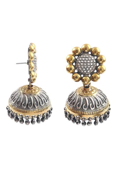 Buy_Noor_Silver Plated Ghungroo Bead Geometric Carved Jhumki Earrings _Online_at_Aza_Fashions