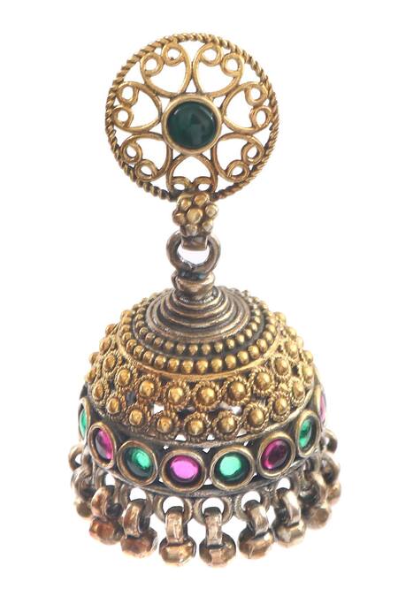 Noor_Silver Plated Stones, Gota Patti Geometric Carved Cutwork Jhumki Earrings _Online_at_Aza_Fashions