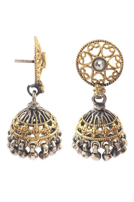 Buy_Noor_Silver Plated Stones, Beads Carved Cutwork Jhumki Earrings_Online_at_Aza_Fashions