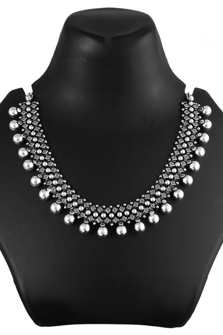 Buy_Noor_Silver Plated Geometric Carved Choker Chain Necklace_Online_at_Aza_Fashions