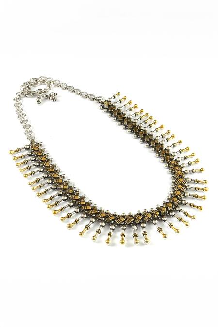 Noor_Silver Plated Ghungroo Bead Drop Choker Chain Necklace_Online_at_Aza_Fashions