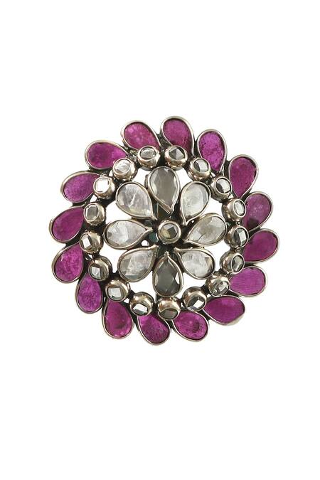 Buy_Noor_Silver Plated Stones Checker Studded Floral Ring_Online_at_Aza_Fashions