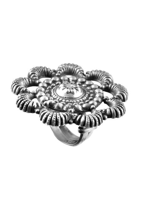 Noor_Silver Plated Oxidised Floral Shaped Ring_Online_at_Aza_Fashions