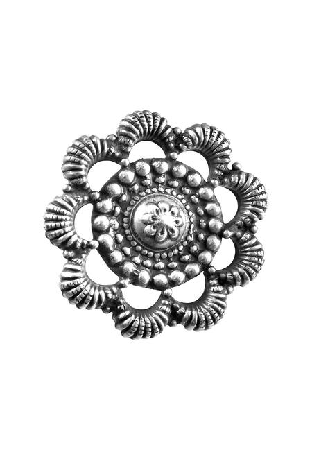 Buy_Noor_Silver Plated Oxidised Floral Shaped Ring_Online_at_Aza_Fashions