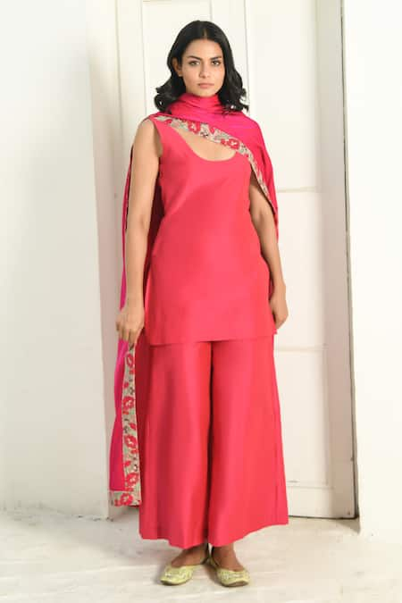 NUHH Pink Art Silk Plain Scoop Neck Kurta Flared Pant Set  