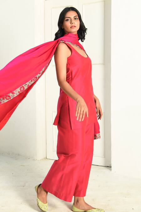 Buy NUHH Pink Silk, Polyester Embroidery Scoop Neck Plain Kurta Flared Pant Set Online at Aza Fashions Buy_NUHH_Pink Silk, Polyester Embroidery Scoop Neck Plain Kurta Flared Pant Set _Online_at_Aza_Fashions