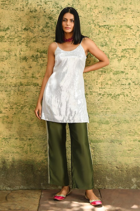 Shop NUHH White Georgette, Chanderi Sequins, Gota Moon And Moods Kurta Flared Pant Set at Aza Fashions Shop_NUHH_White Georgette, Chanderi Sequins, Gota Moon And Moods Kurta Flared Pant Set _at_Aza_Fashions