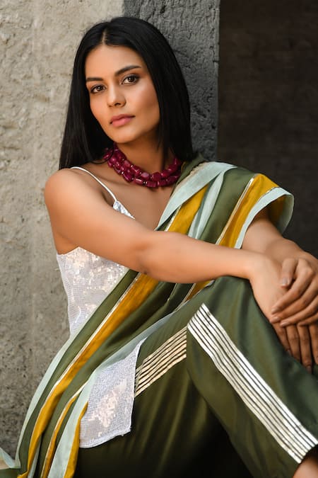 NUHH White Georgette, Chanderi Sequins, Gota Moon And Moods Kurta Flared Pant Set at Aza Fashions NUHH_White Georgette, Chanderi Sequins, Gota Moon And Moods Kurta Flared Pant Set _at_Aza_Fashions