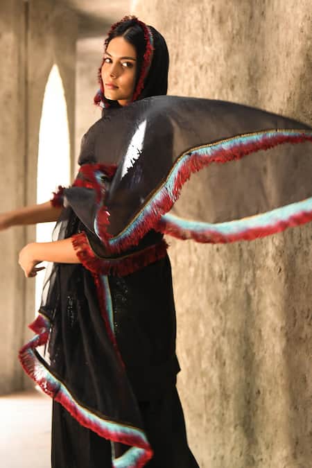 NUHH Black Georgette, Satin, Organza Sequins High Neck Bling Kurta Flared Pant Set at Aza Fashions NUHH_Black Georgette, Satin, Organza Sequins High Neck Bling Kurta Flared Pant Set _at_Aza_Fashions