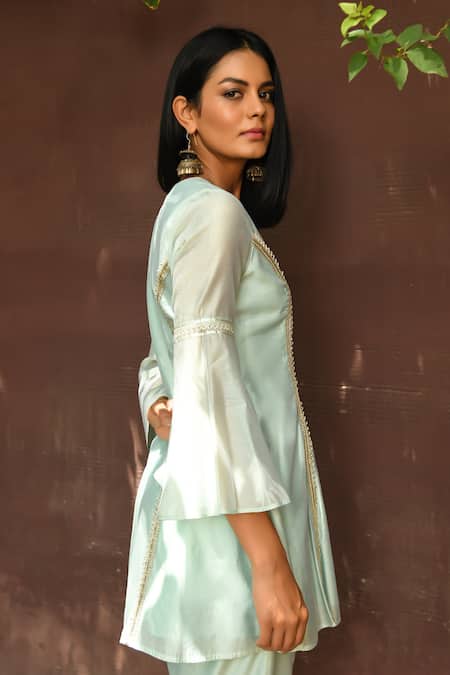 Buy NUHH Green Georgette, Chanderi, Organza Gota Patti, Embellished Kurta Pant Set Online at Aza Fashions Buy_NUHH_Green Georgette, Chanderi, Organza Gota Patti, Embellished Kurta Pant Set _Online_at_Aza_Fashions