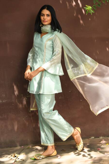 Shop NUHH Green Georgette, Chanderi, Organza Gota Patti, Embellished Kurta Pant Set Online at Aza Fashions Shop_NUHH_Green Georgette, Chanderi, Organza Gota Patti, Embellished Kurta Pant Set _Online_at_Aza_Fashions