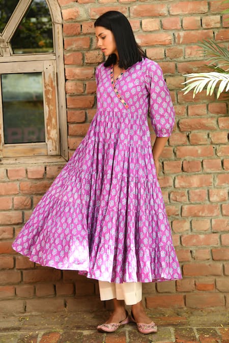 NUHH Pink Pure Cotton Floral Bloom Tiered Kurta Pant Set 