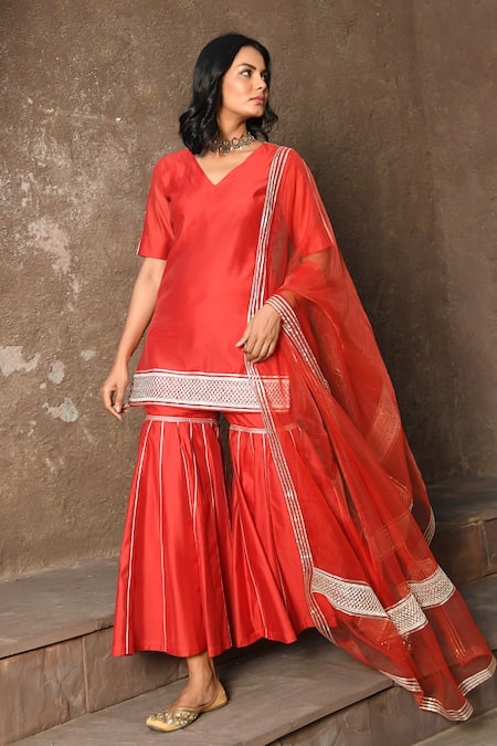 NUHH Red Gota Patti Chanderi Kurta Pant Set 