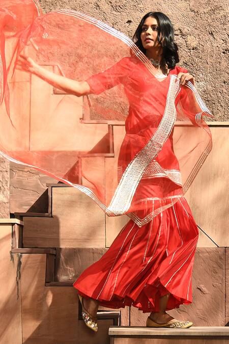 NUHH Red Chanderi Gota Patti V-neck Kurta Pant Set at Aza Fashions NUHH_Red Chanderi Gota Patti V-neck Kurta Pant Set _at_Aza_Fashions