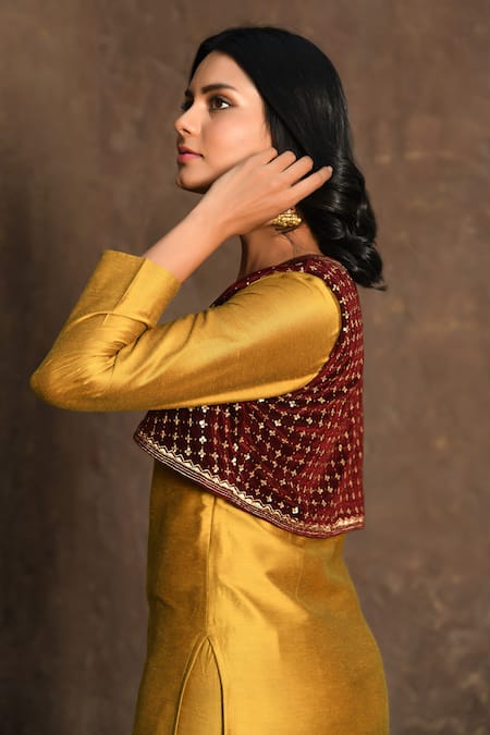 NUHH Gold Velvet, Silk Sequins, Embroidery Open Neck, Floral Jacket Kurta Set at Aza Fashions NUHH_Gold Velvet, Silk Sequins, Embroidery Open Neck, Floral Jacket Kurta Set _at_Aza_Fashions