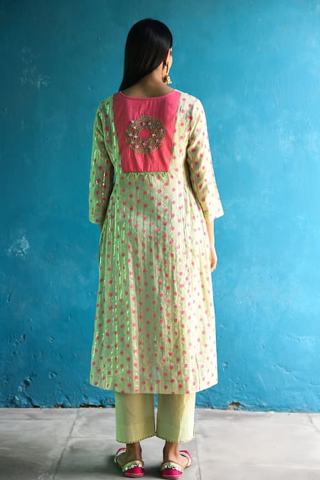 Shop NUHH Green Cotton, Lurex Round Neck Candy Crush Polka Dot Pattern Kurta Pant Set at Aza Fashions Shop_NUHH_Green Cotton, Lurex Round Neck Candy Crush Polka Dot Pattern Kurta Pant Set _at_Aza_Fashions