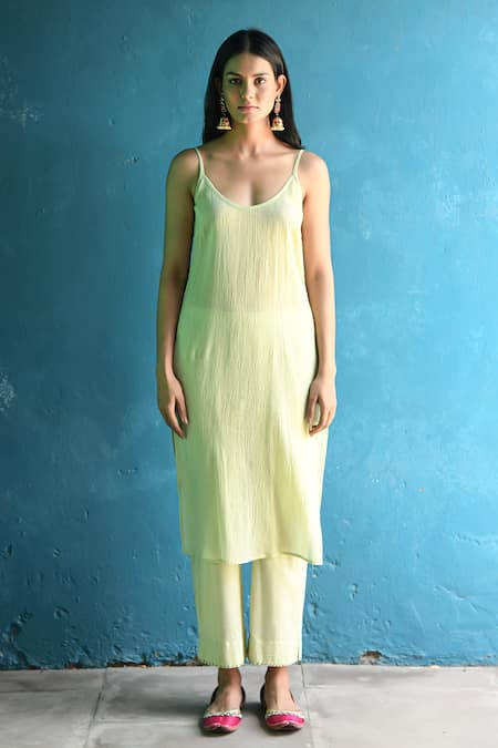 NUHH Green Cotton, Lurex Round Neck Candy Crush Polka Dot Pattern Kurta Pant Set Online at Aza Fashions NUHH_Green Cotton, Lurex Round Neck Candy Crush Polka Dot Pattern Kurta Pant Set _Online_at_Aza_Fashions