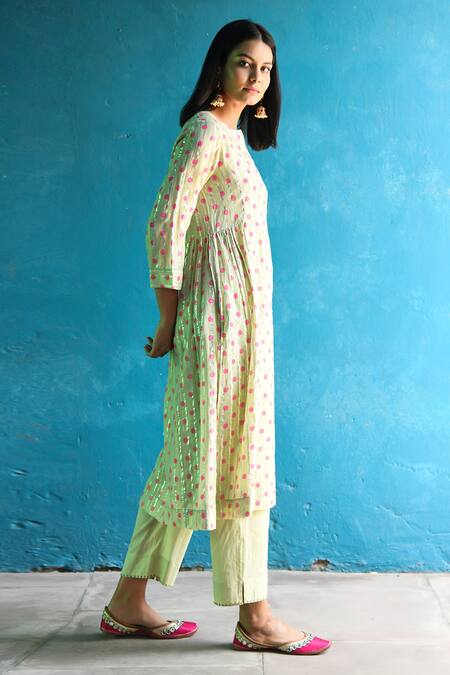 Shop NUHH Green Cotton, Lurex Round Neck Candy Crush Polka Dot Pattern Kurta Pant Set Online at Aza Fashions Shop_NUHH_Green Cotton, Lurex Round Neck Candy Crush Polka Dot Pattern Kurta Pant Set _Online_at_Aza_Fashions