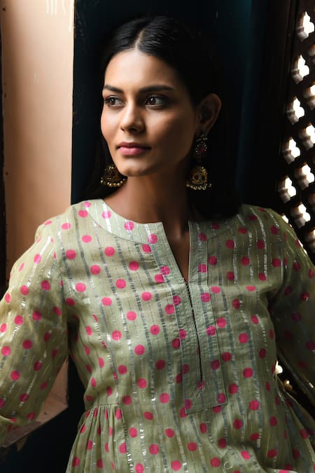 NUHH Green Cotton, Lurex Round Neck Candy Crush Polka Dot Pattern Kurta Pant Set at Aza Fashions NUHH_Green Cotton, Lurex Round Neck Candy Crush Polka Dot Pattern Kurta Pant Set _at_Aza_Fashions