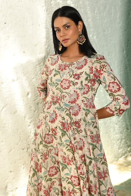 Buy_NUHH_Off White Cotton Embroidery Round Neck Flower Pattern Anarkali Pant Set _Online_at_Aza_Fashions