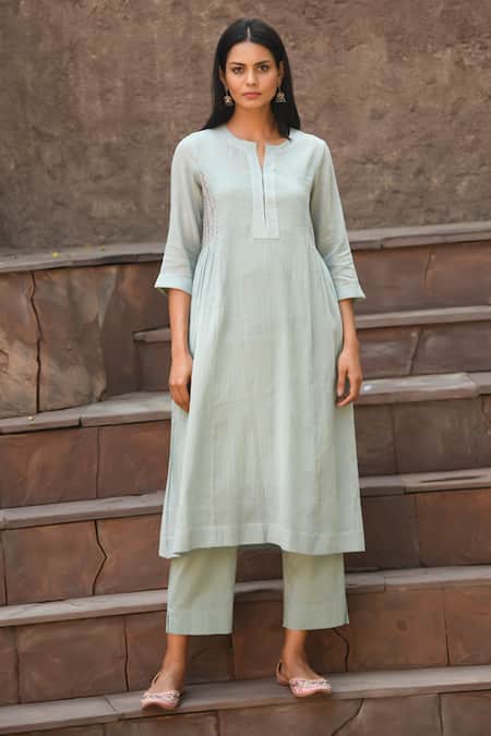 Shop NUHH Green Cotton Embroidery Round Neck Drool On The Cool Kurta Pant Set at Aza Fashions Shop_NUHH_Green Cotton Embroidery Round Neck Drool On The Cool Kurta Pant Set _at_Aza_Fashions