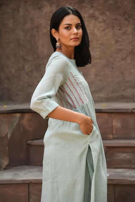 Shop NUHH Green Cotton Embroidery Round Neck Drool On The Cool Kurta Pant Set Online at Aza Fashions Shop_NUHH_Green Cotton Embroidery Round Neck Drool On The Cool Kurta Pant Set _Online_at_Aza_Fashions